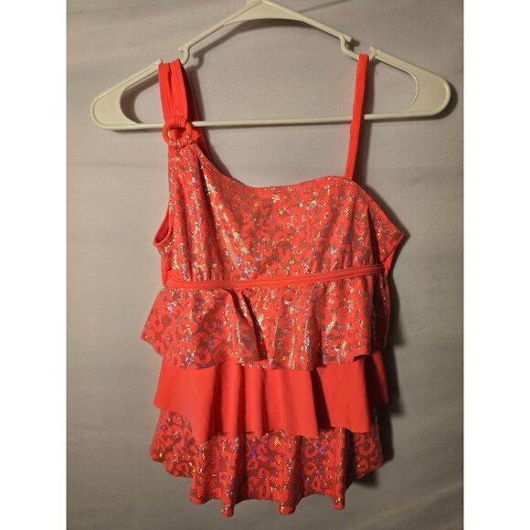 Justice Swim Girls Swimsuit Top Tankini Bright Orange Sparkles Size 14 - Picture 1 of 3